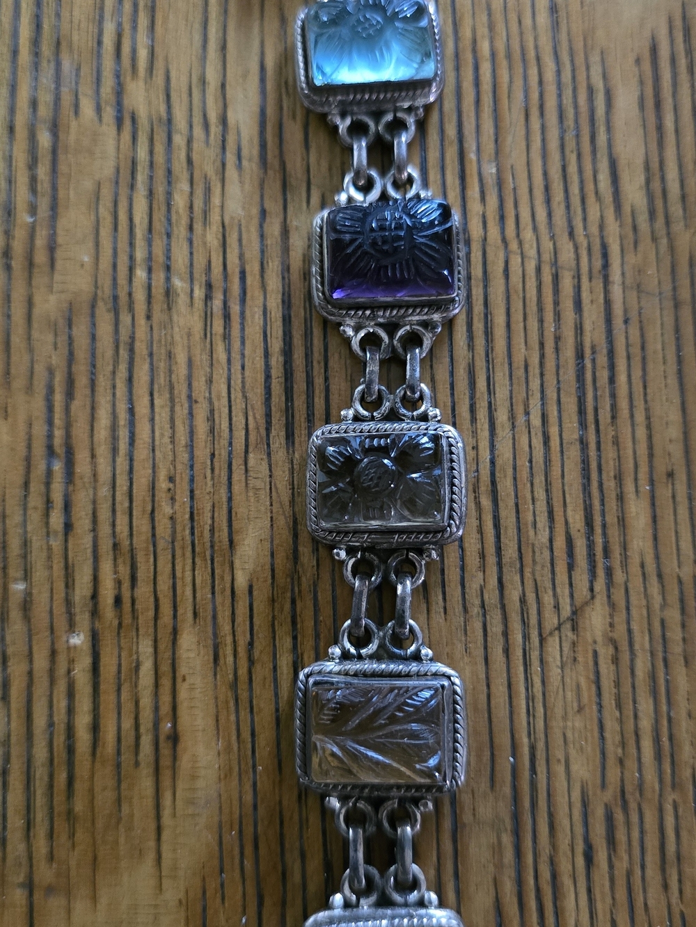 Iridescent Multi Colored Etched Blue-Purple Glass Link Silver Bracelet